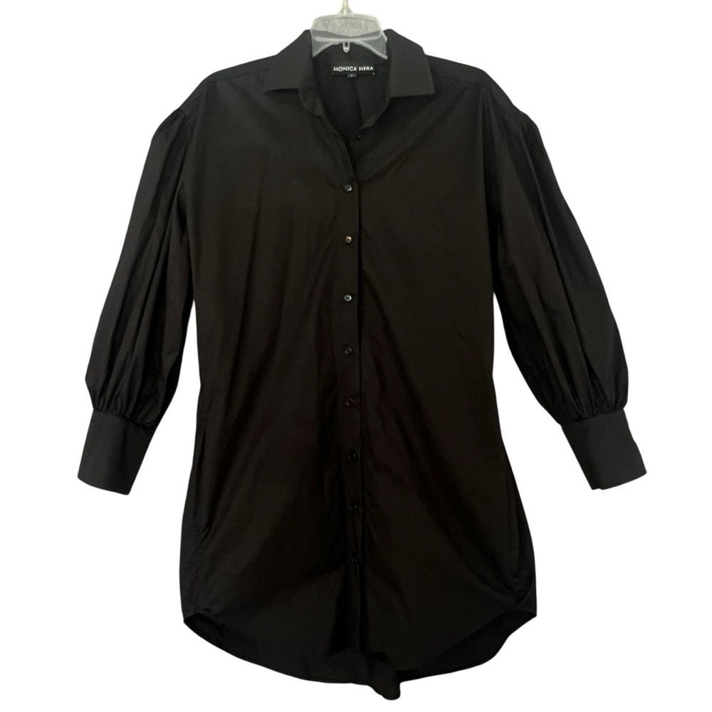 MONICA NERA Long Sleeve Poplin Button Front Shirt Dress Pockets Black Size Small
